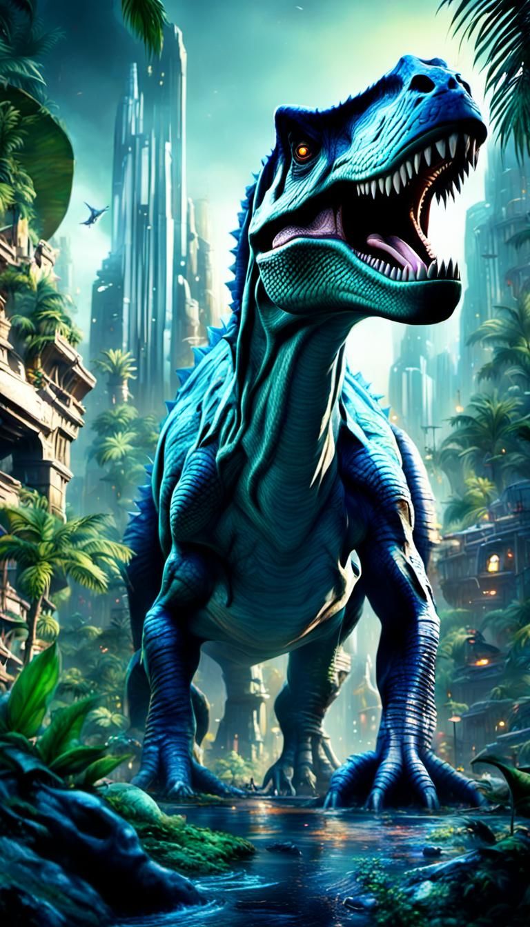 Futuristic City Amidst Prehistoric Jungle, Hyperrealistic Ar...