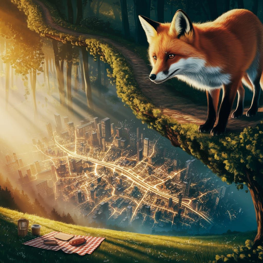 Majestic Red Fox Overlooking Fantastical City
