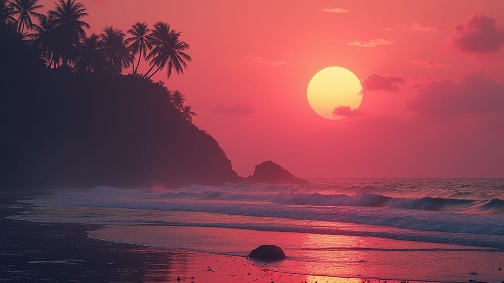 Ethereal Steam Punk Ocean Sunset in Neon Synthwave Style