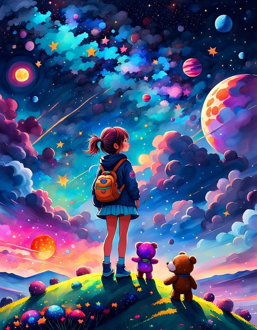 Neon Anime Girl and Teddy Watch Night Sky