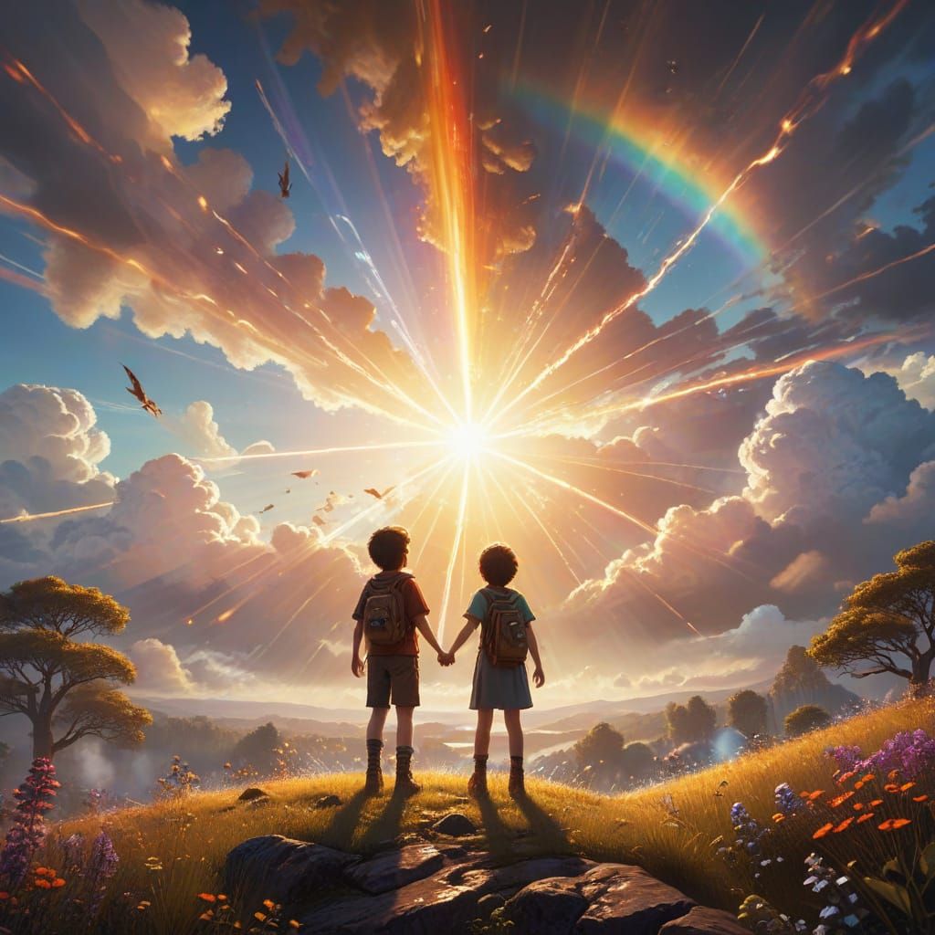 Children Playing in a Magical Rainbow Landscape