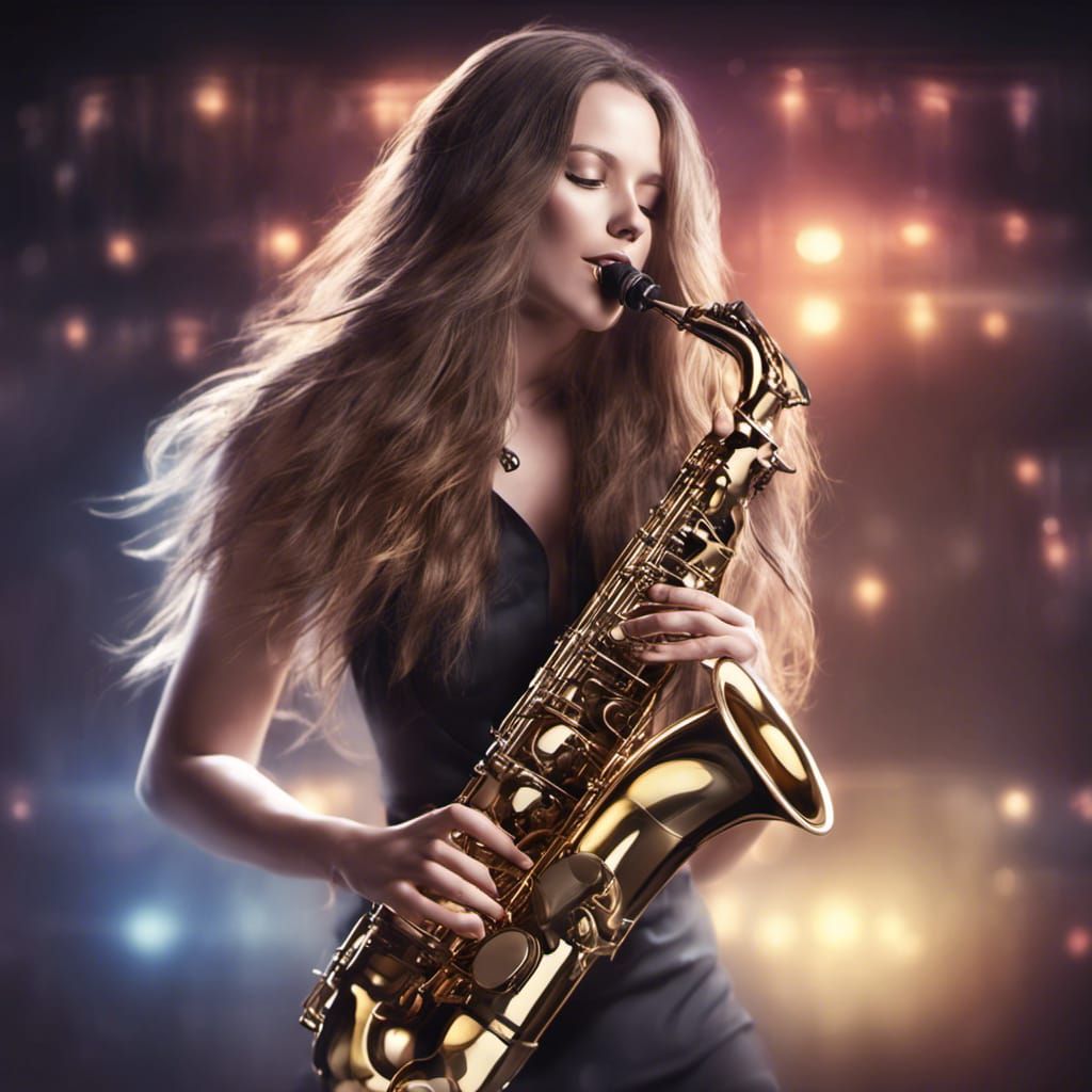Woman Playing Saxophone on Stage with Dynamic Lighting