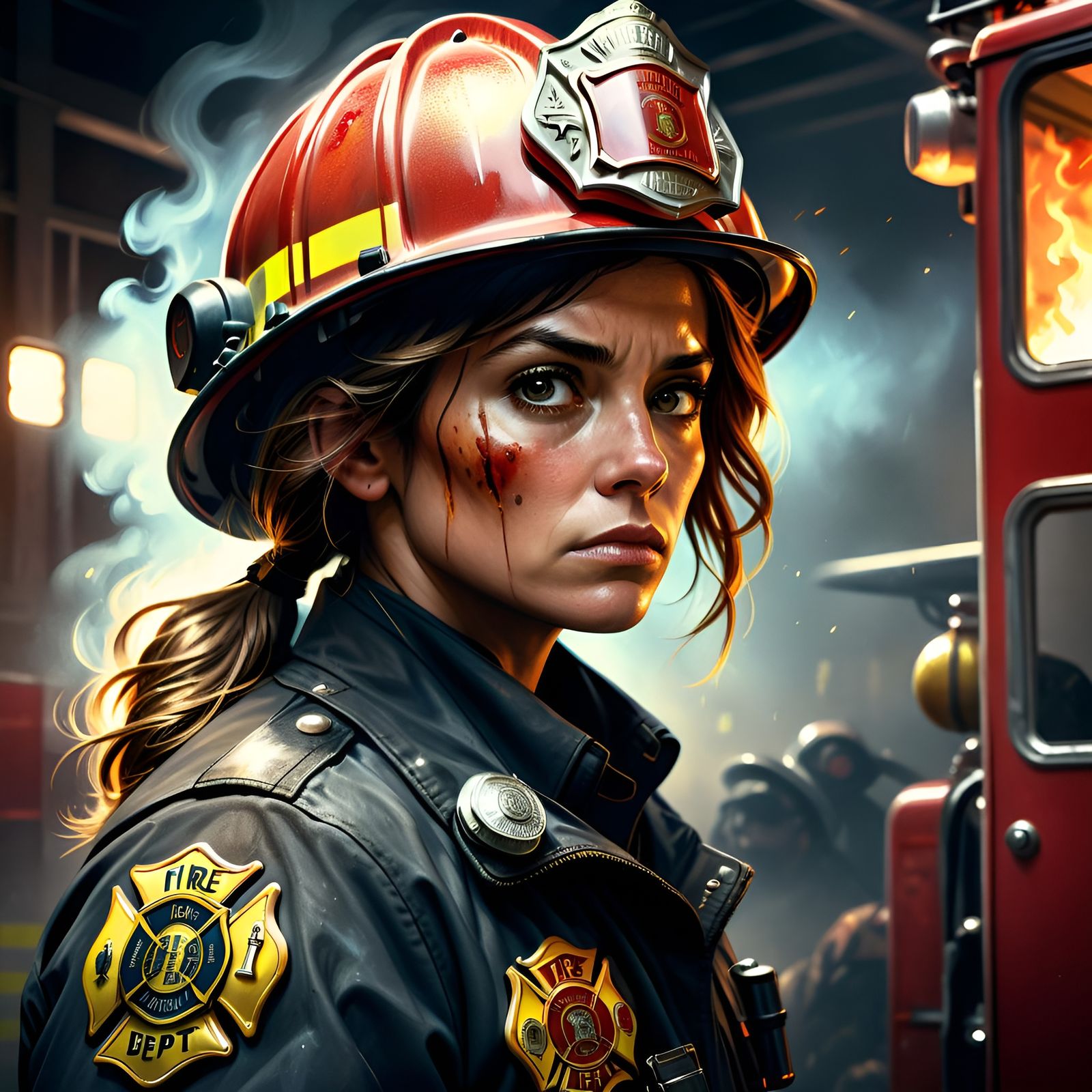 Dramatic Firefighter Portrait in Retro Polaroid Style