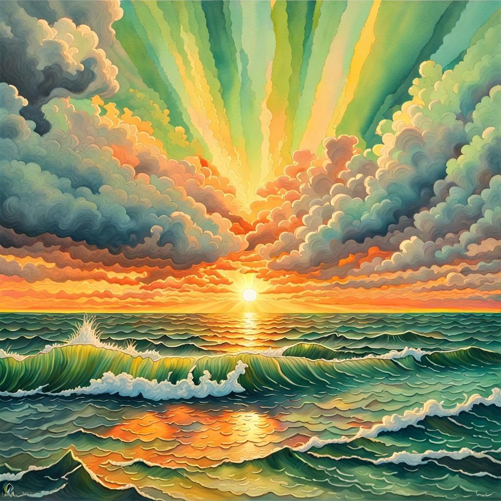 Colorful Sunset Over Ocean with Volumetric Lighting