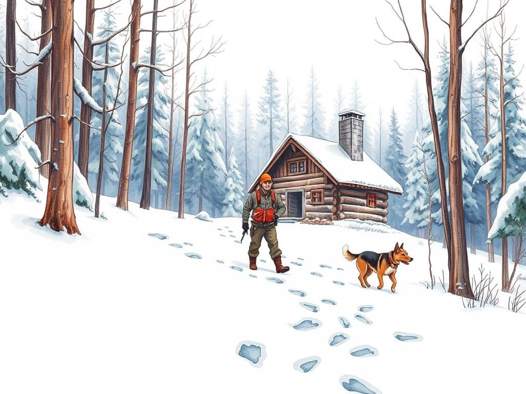 Hunter and Dog in Winter Wilderness