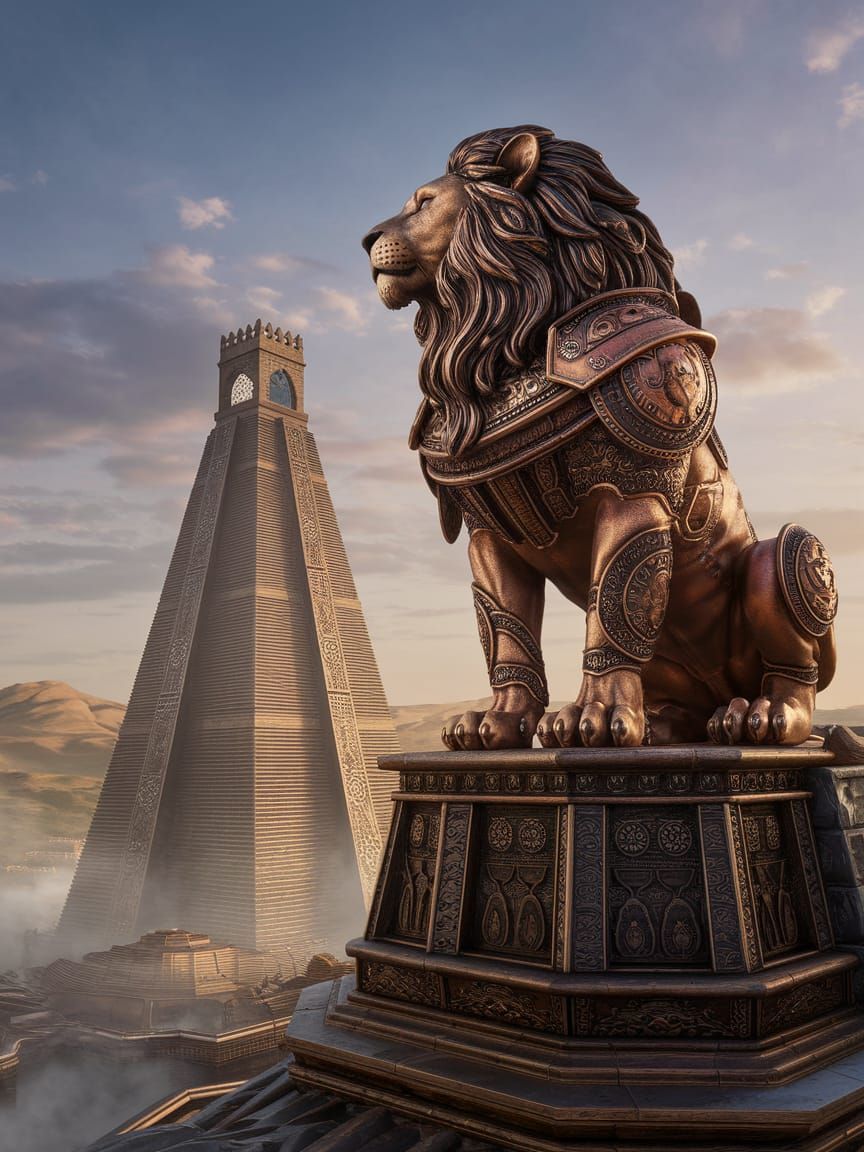 Armored Lion King on Ziggurat, Fantasy Steampunk Style