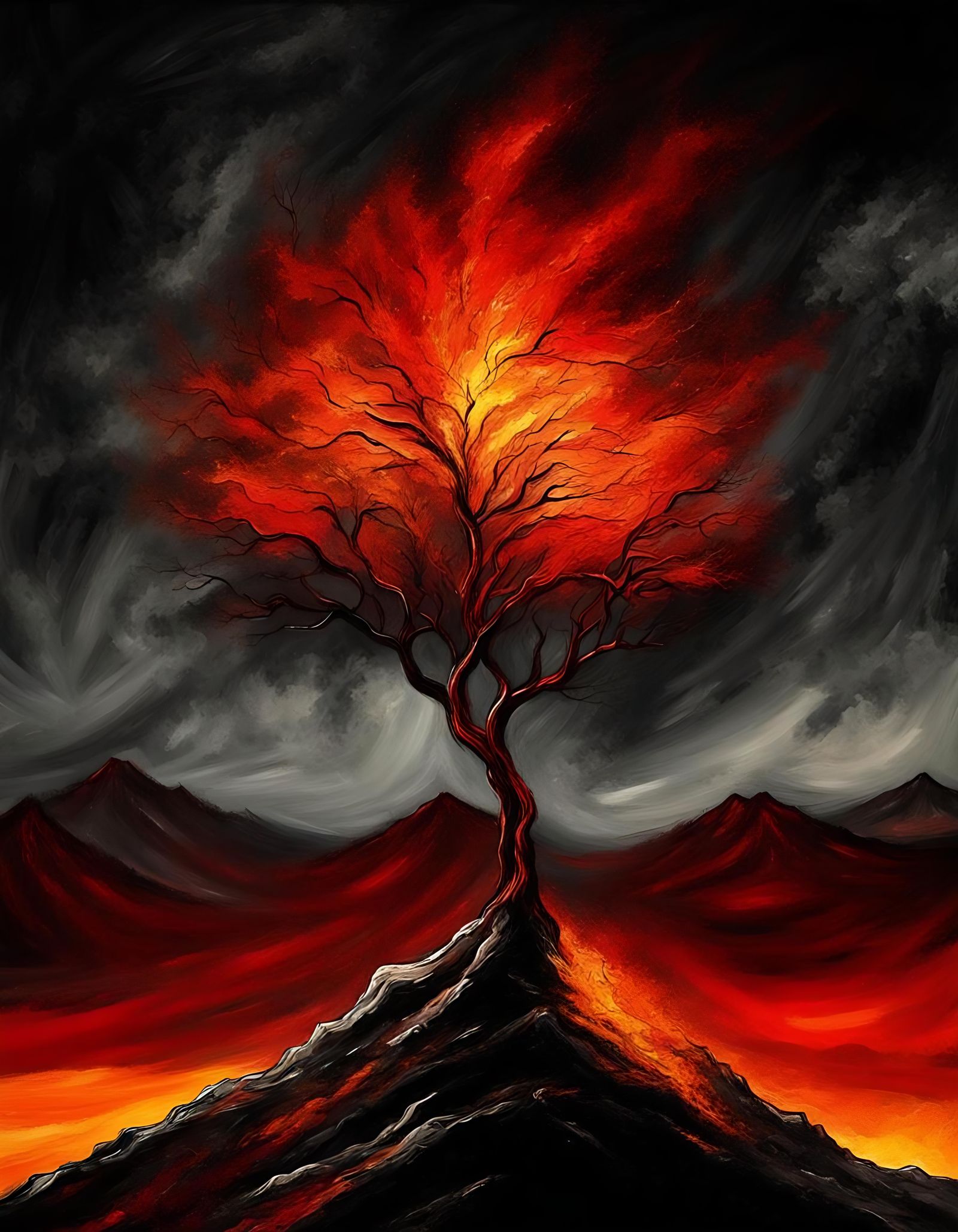 Infernal Tree on Mountain Peak: Abstract Nightmare