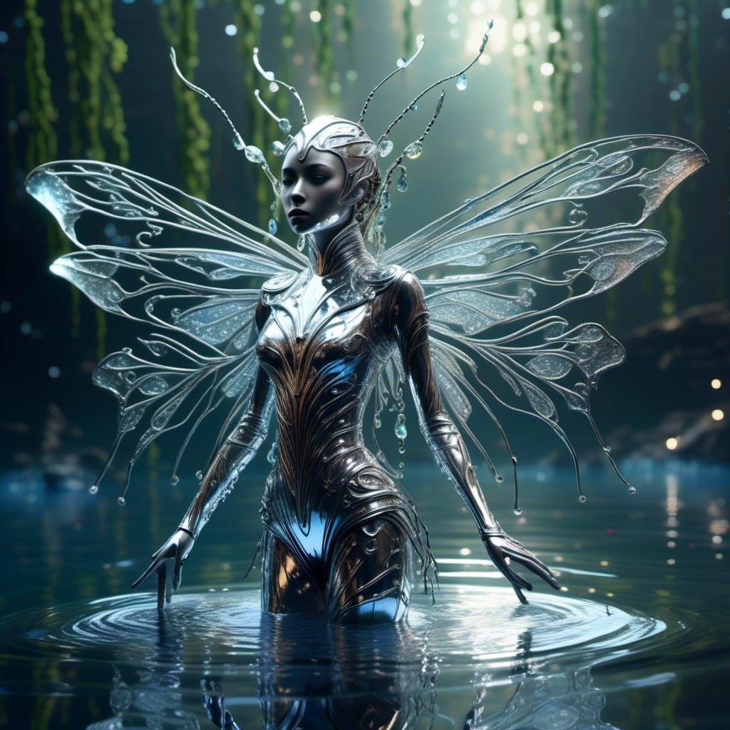 Shimmering Metallic Insect Humanoid in a Vrubel-Style Fantas...