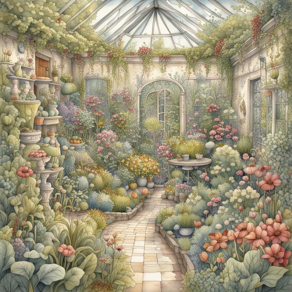 Intricate Watercolour of a Secret Botanical Garden