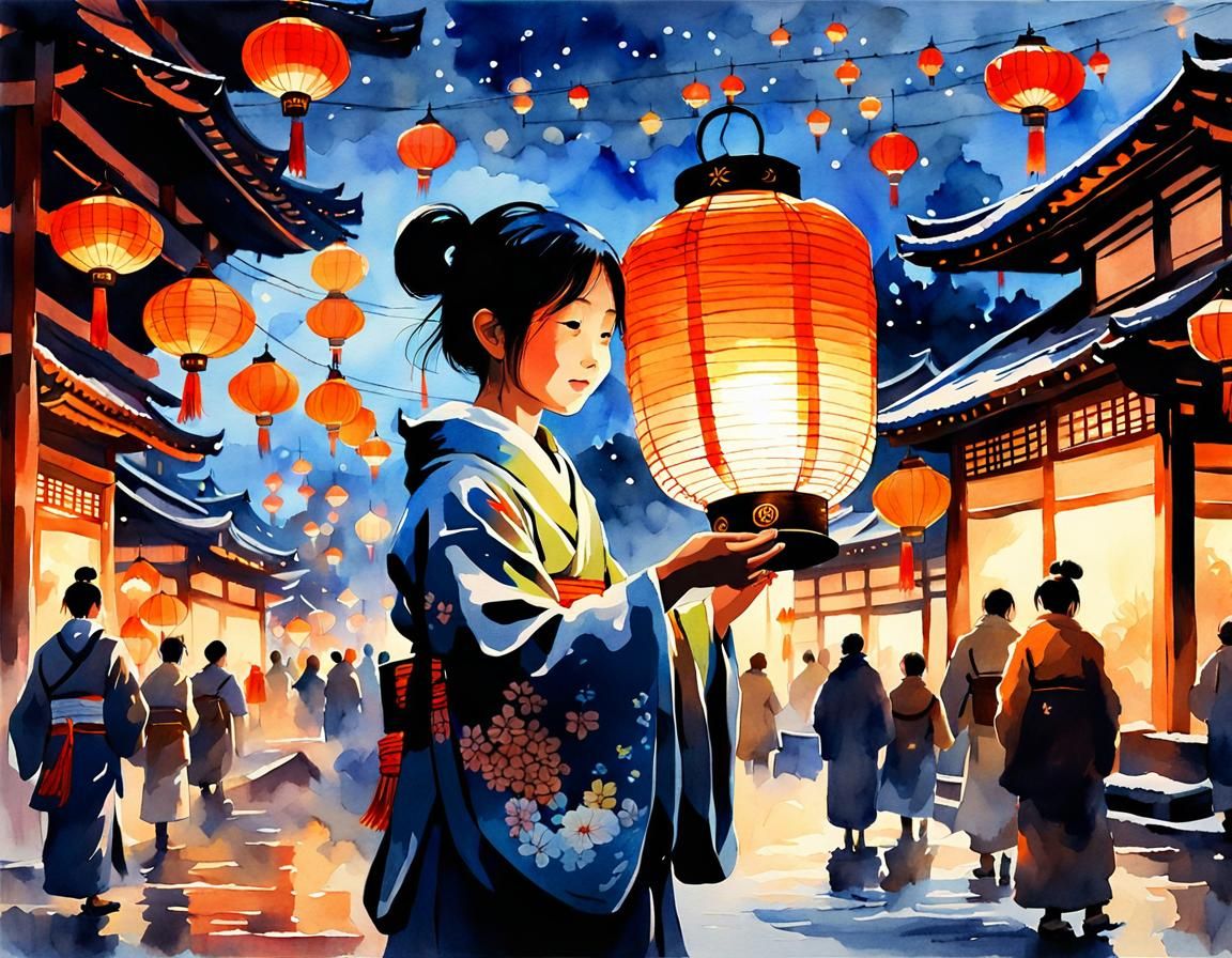 Edo Girl Releases Lantern: Watercolor Painting