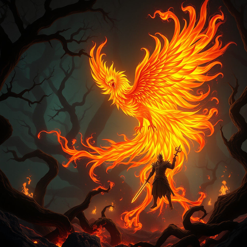 Phoenix Rising with Armored Warrior in Mystic Forest