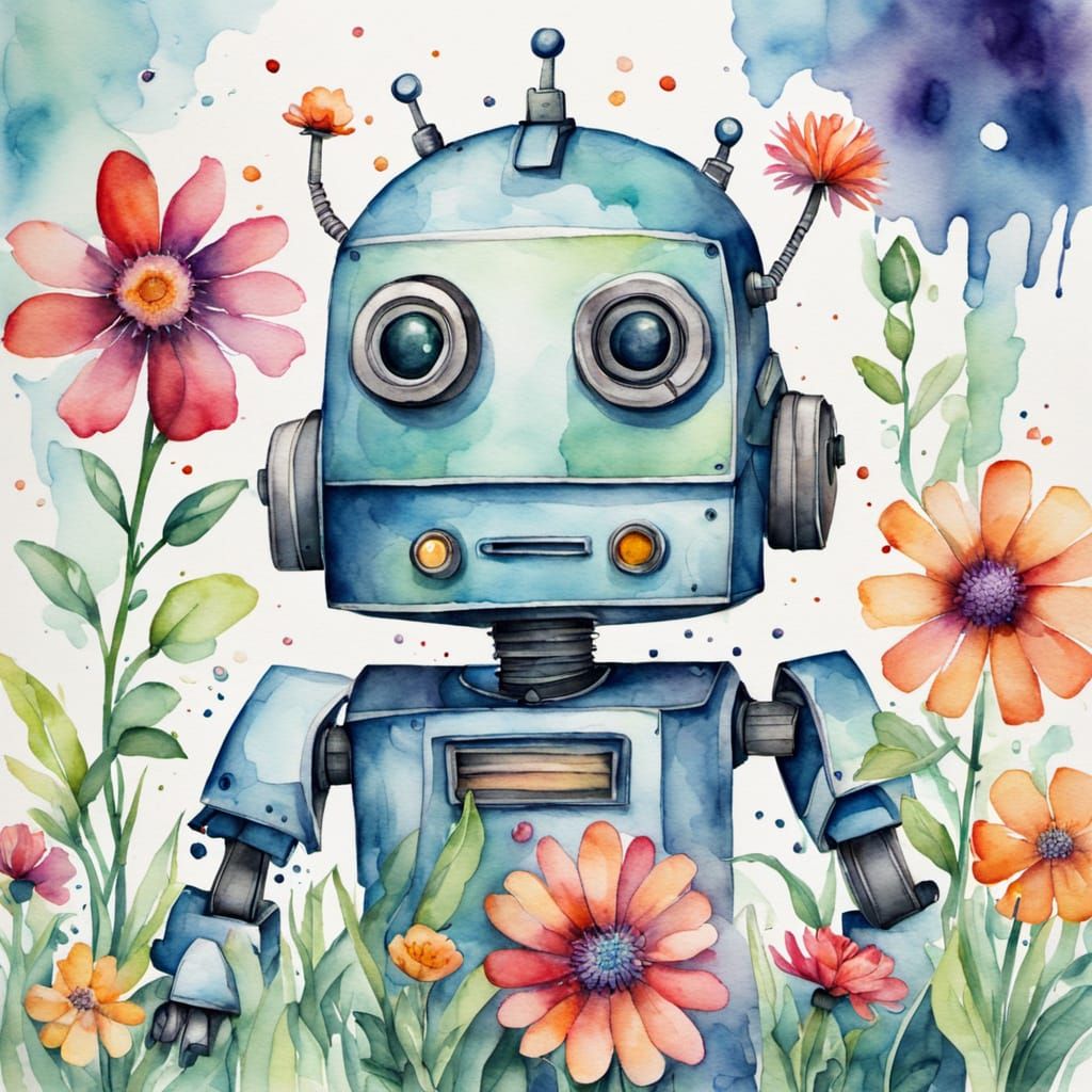 Watercolor Robot Garden in Bloom