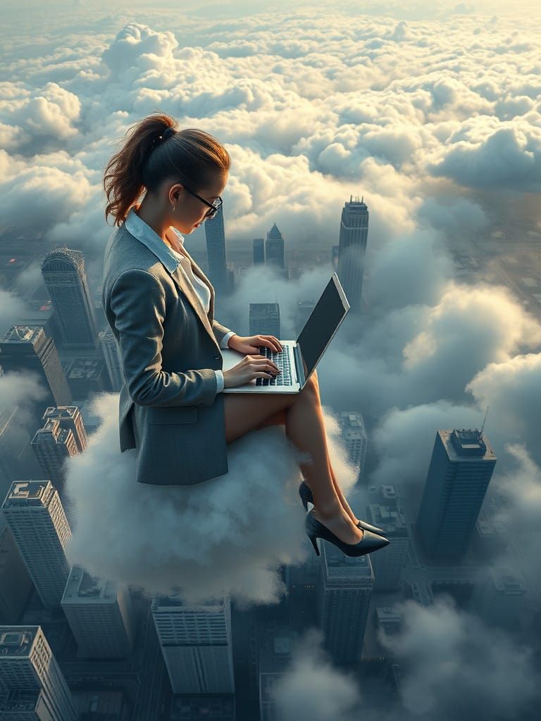 Young Businesswoman Works from Clouds in Epic Cinematic Digi...