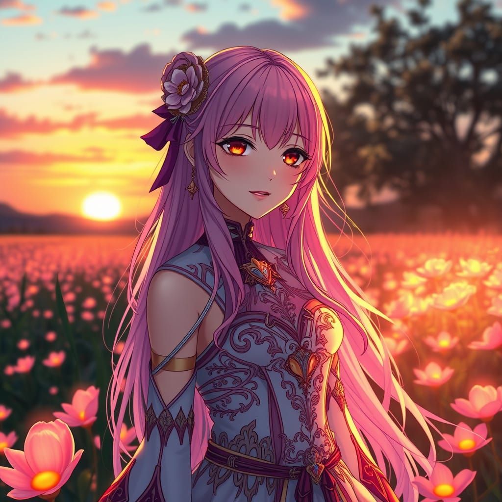 Anime Woman in Glowing Flower Field at Sunset