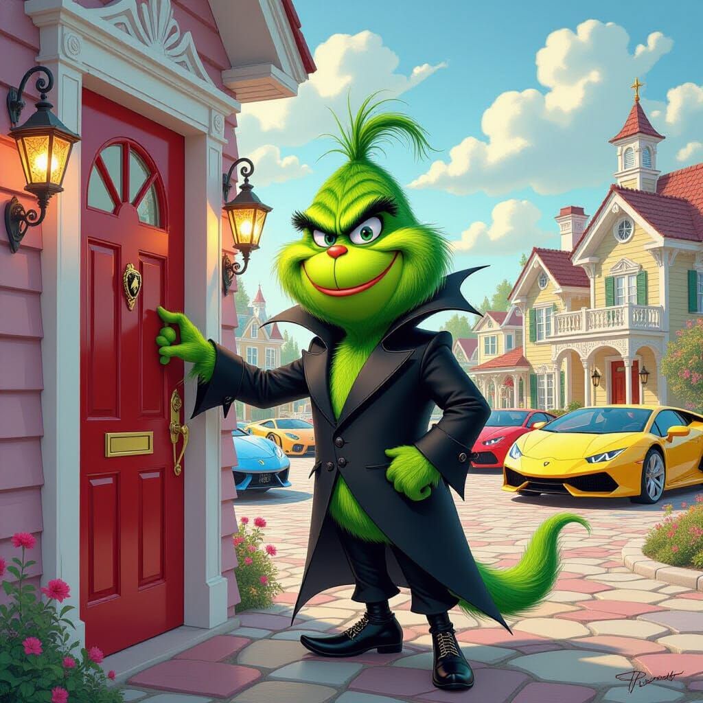 Grinch as Dracula in Pastel Village, Murakami Style