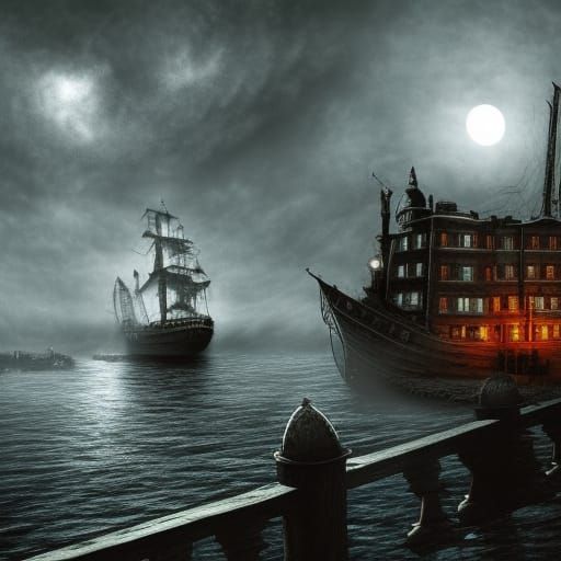 Haunted Harbour with Ghostly Ships in Dark Horror Style