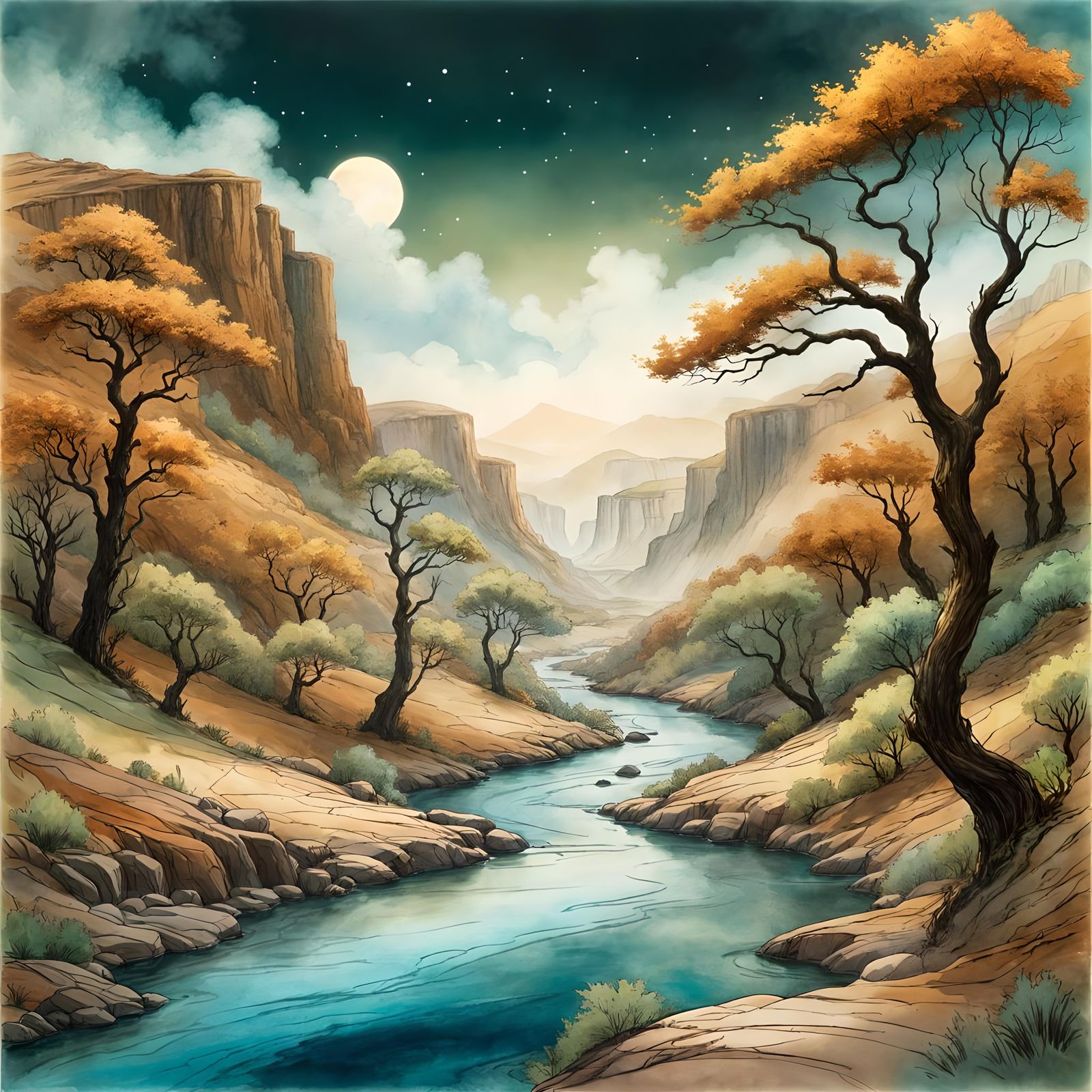 Magical Canyon Landscape in Rackham and Kinkade Style