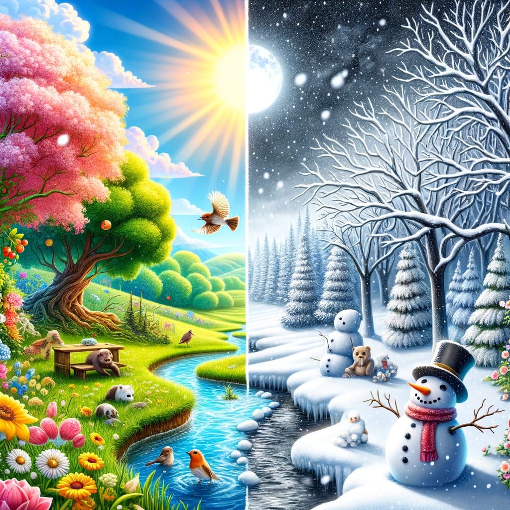 Split Scene: Summer Meadow Meets Winter Landscape