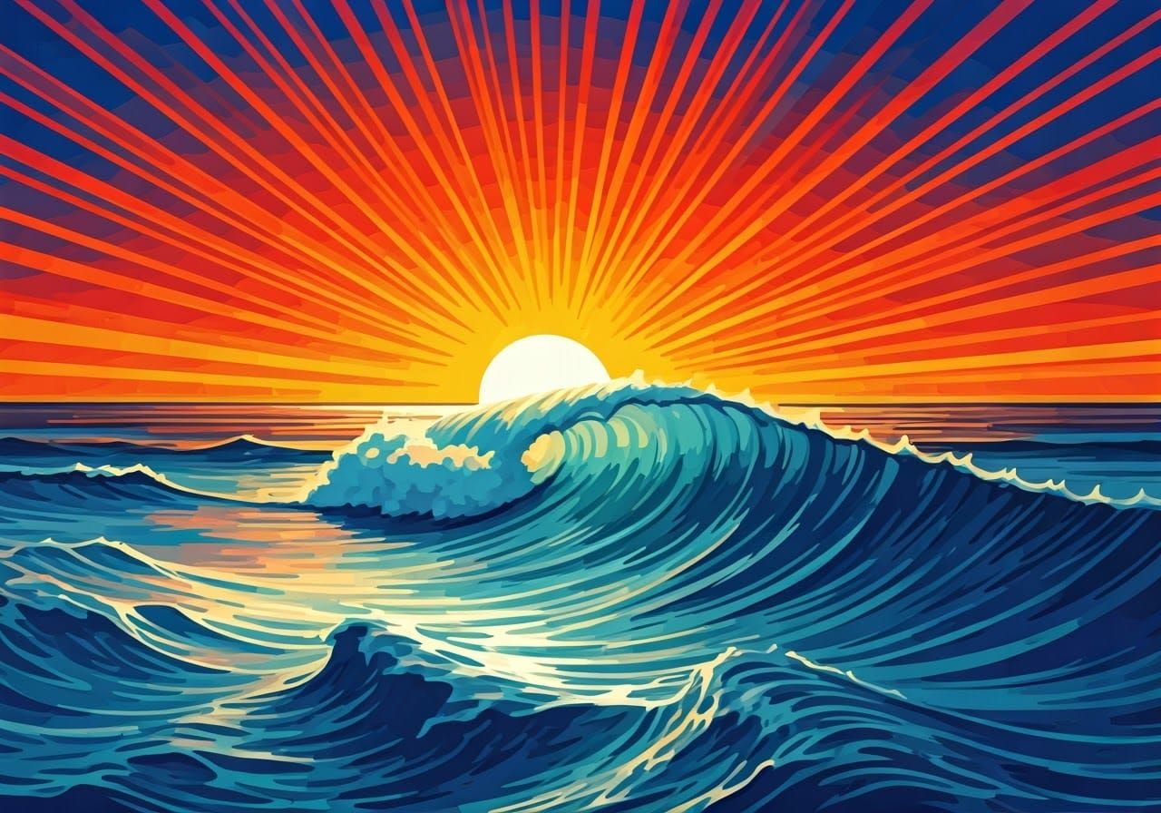 Vibrant Sunset over Dynamic Ocean Scene in Bold Colors