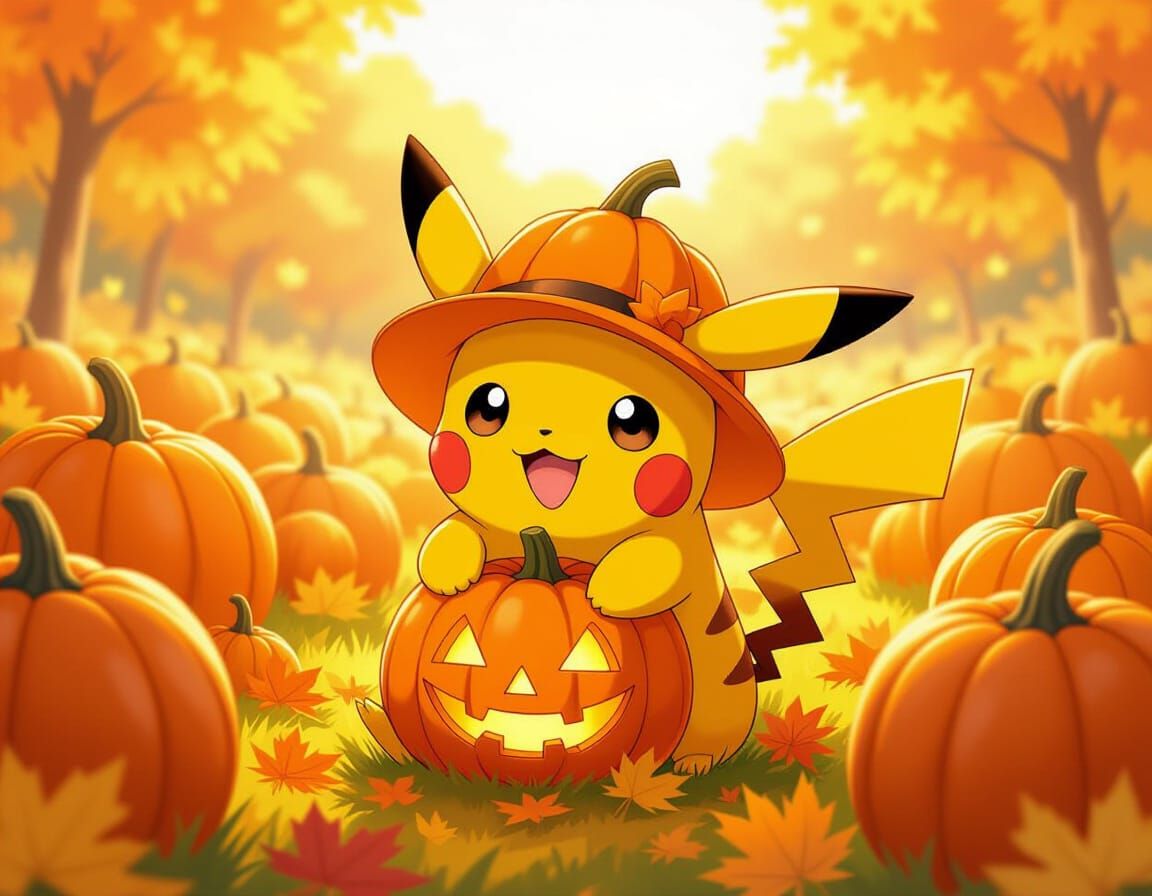 Adorable Pikachu in Pumpkin Hat Autumn Anime Style