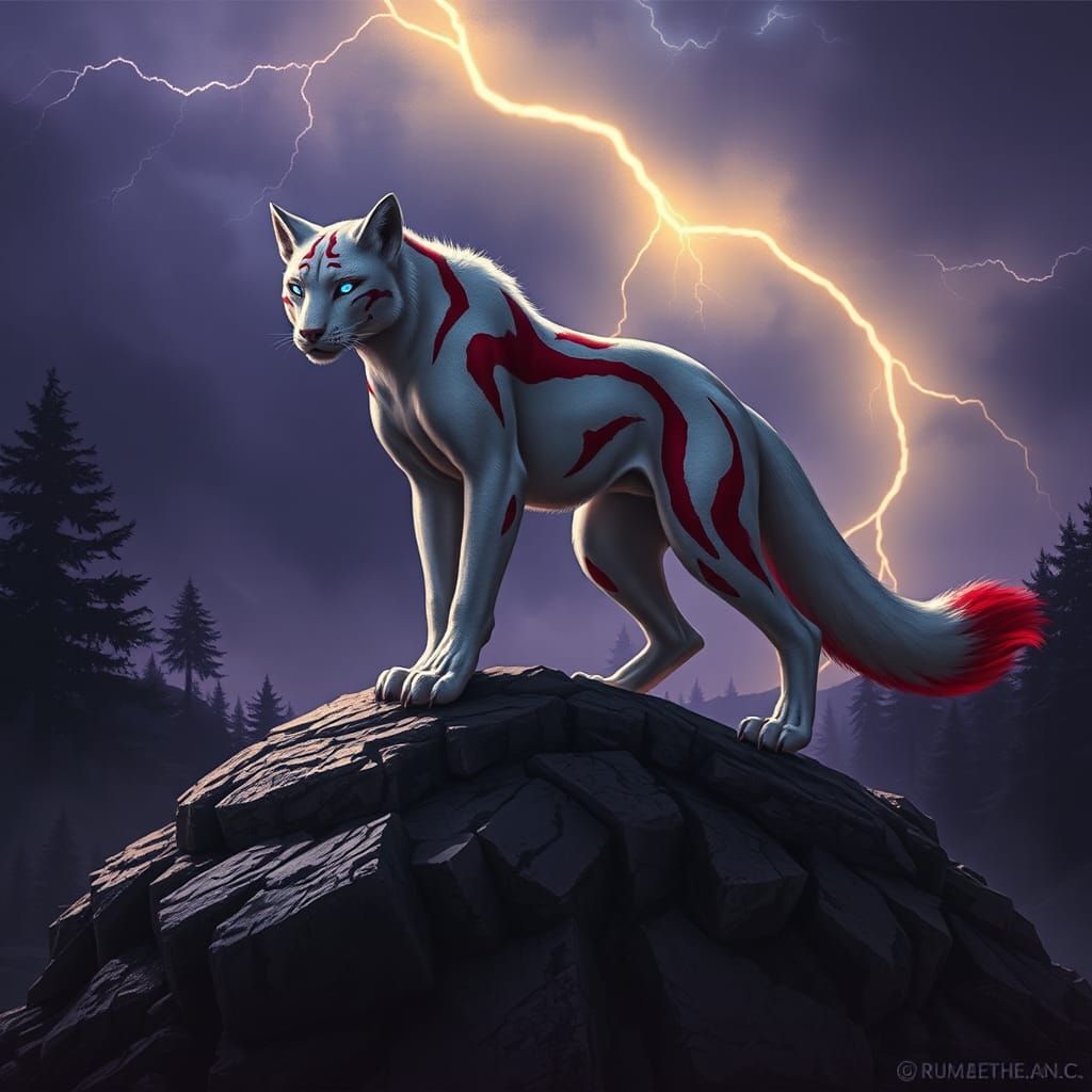 Mythical Fox-Panther Hybrid in Dark Fantasy Landscape