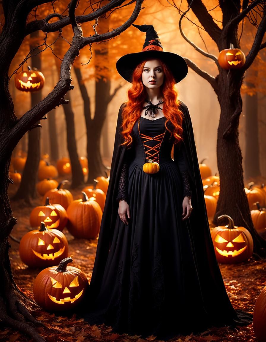 Whimsical Witch Portrait in Spooky Forest