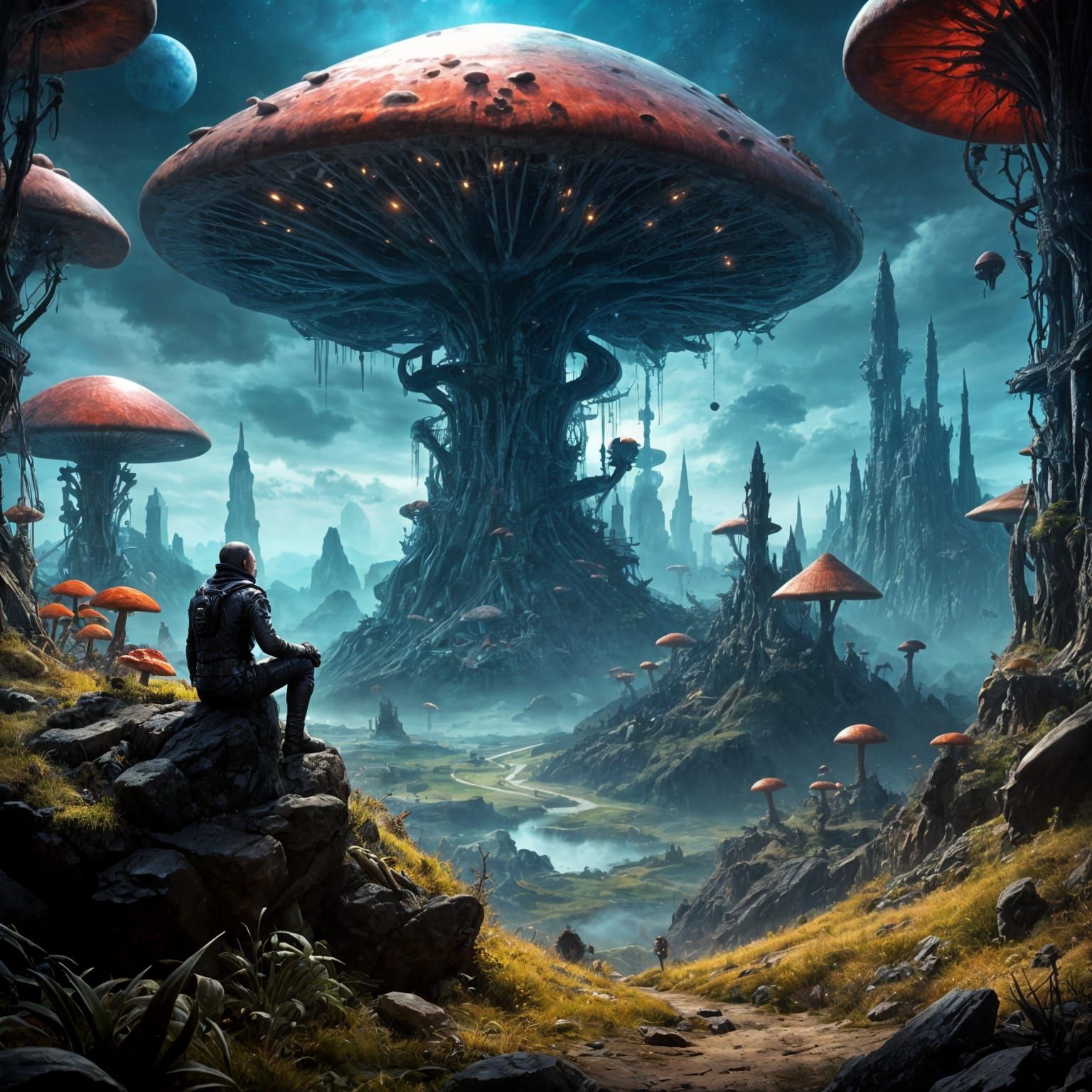 Vivid Alien Landscape with Mushroom Forest City