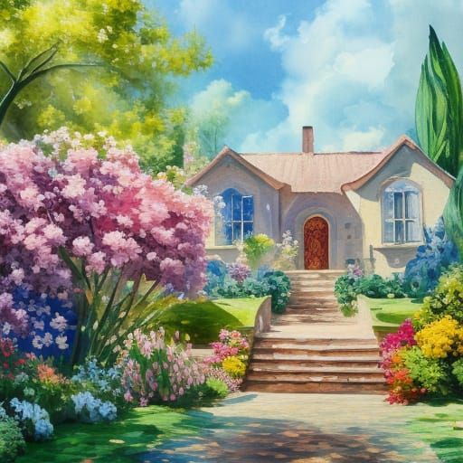 Gouache Style Home with Flowers Impressionist Painting