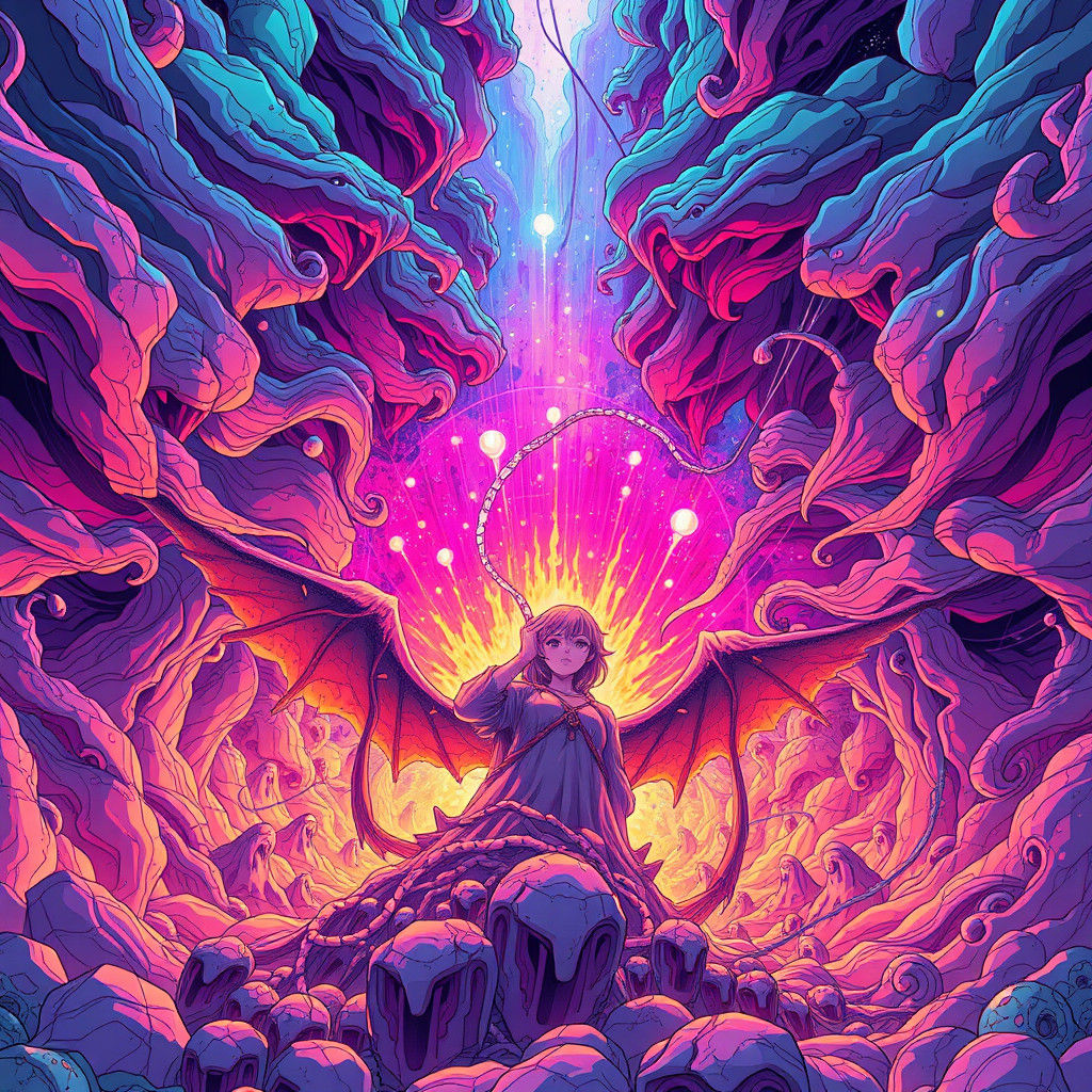 Pulsing Core of Iridescent Energy in Anime Style