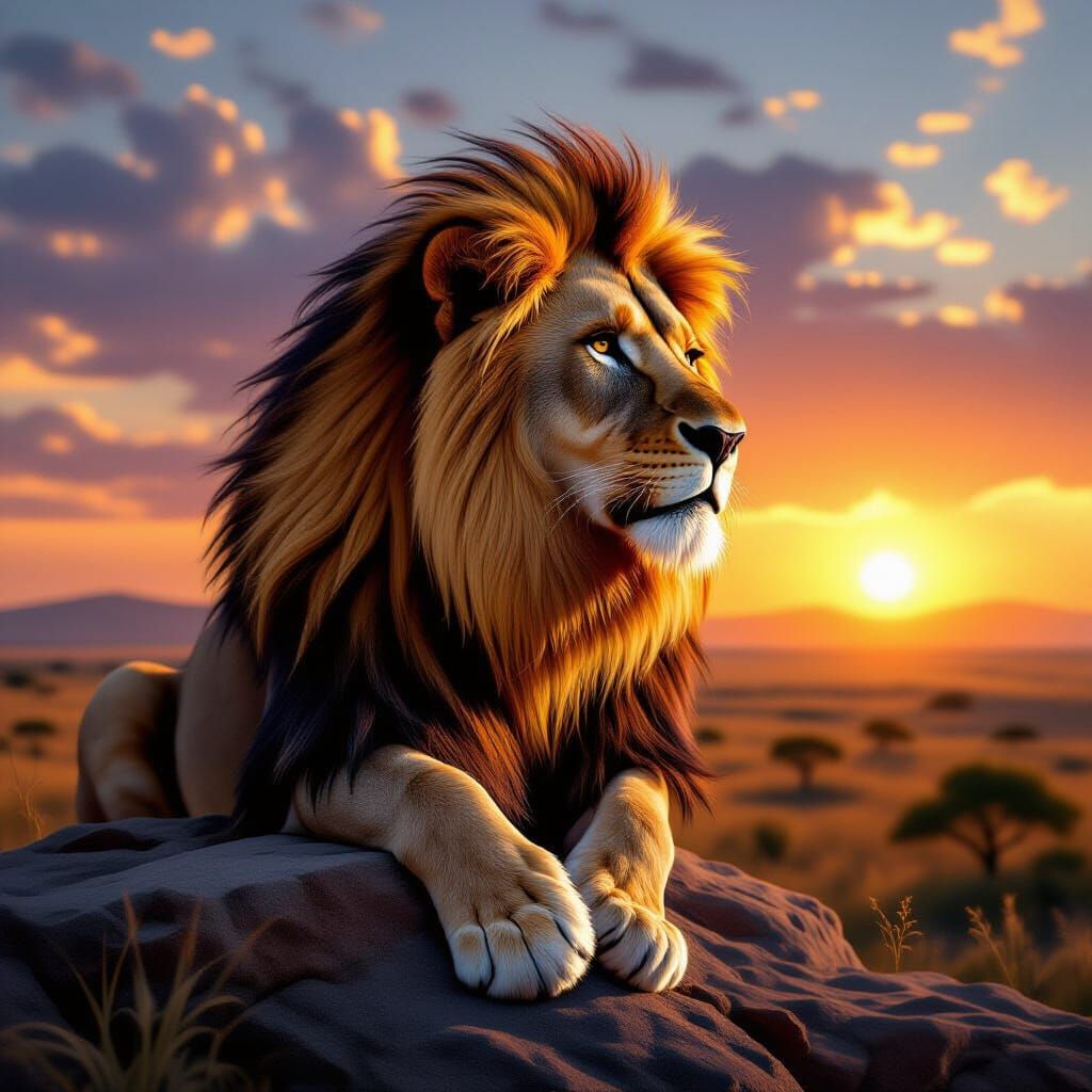 Majestic Lion on Savanna Overlook at Sunset