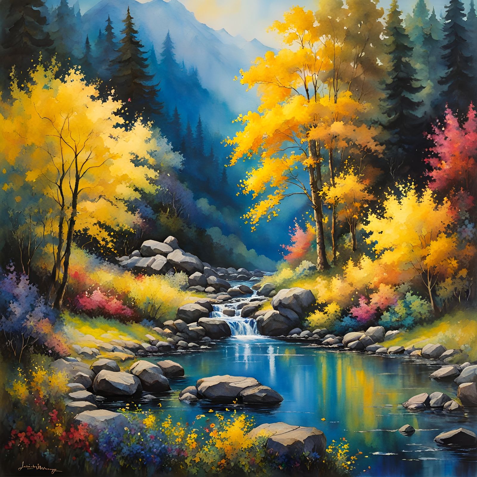 Autumn Landscape Ink Painting in Waterhouse Style