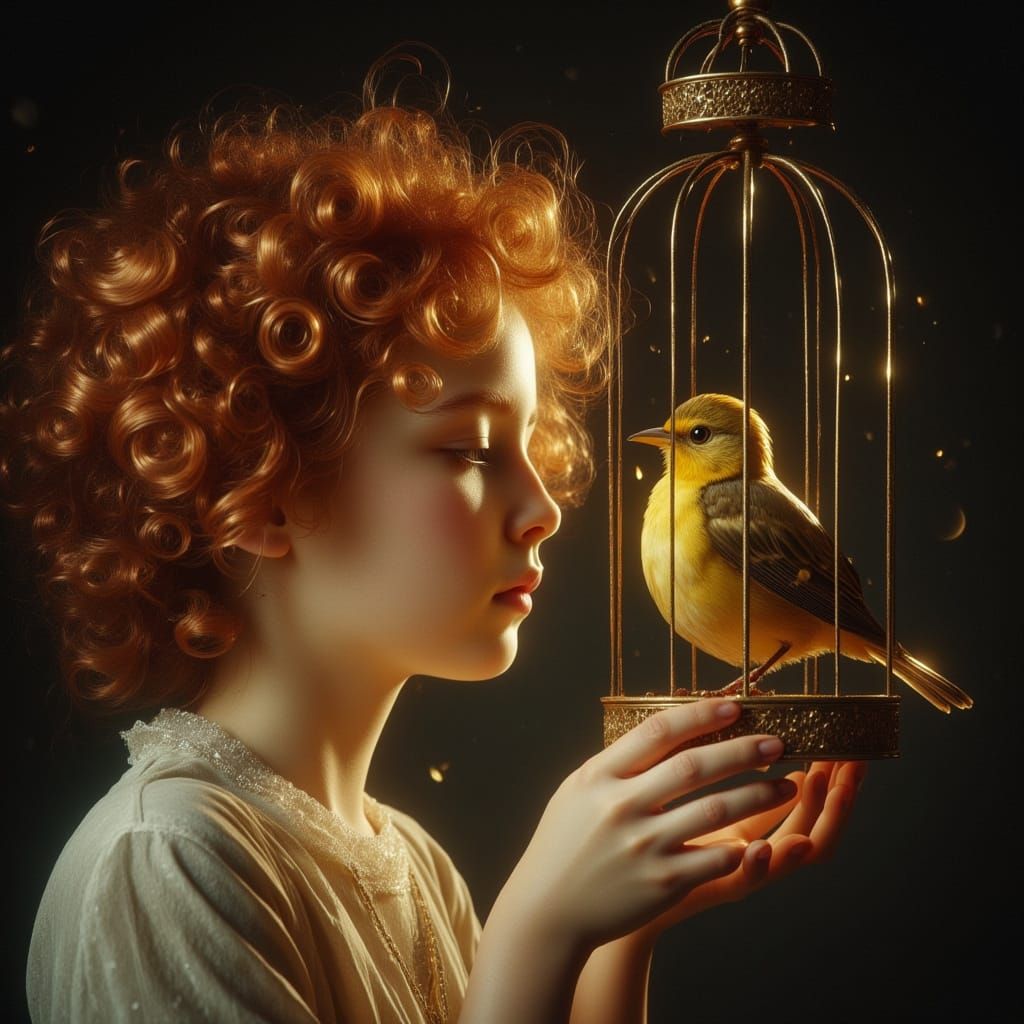 Redhead Child's Wonder at Nightingale in Antique Birdcage