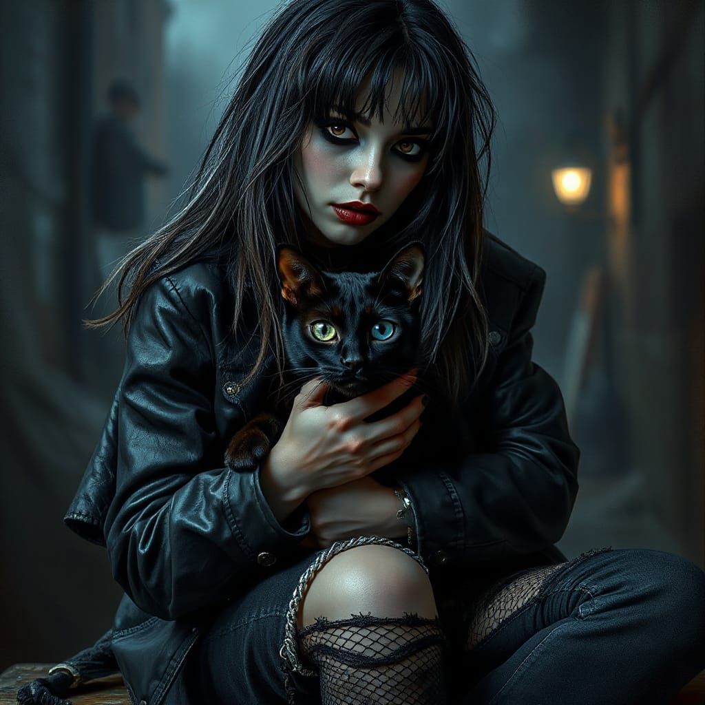 Gothic Rockstar Girl with Siamese Cat in Moody Urban Night