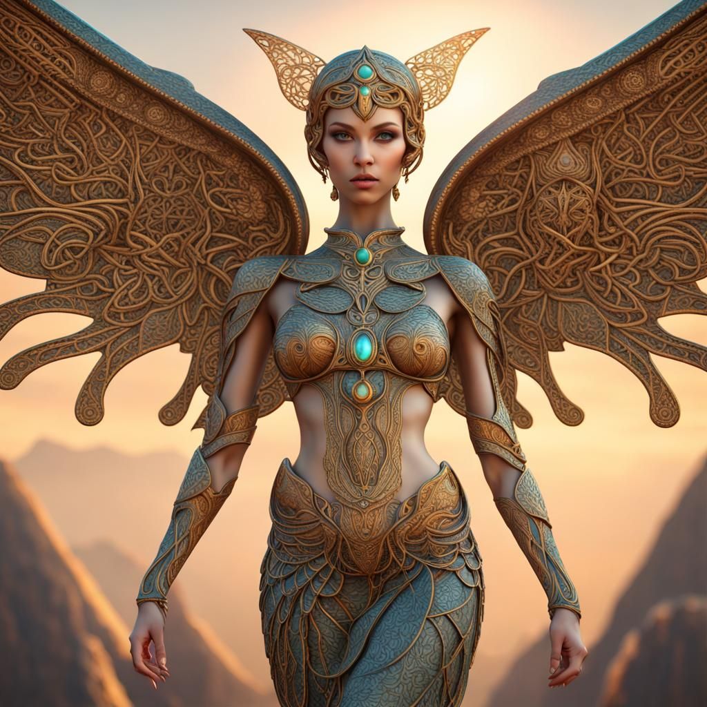 Woman with Sphinx Wings in Celtic Geometric Style