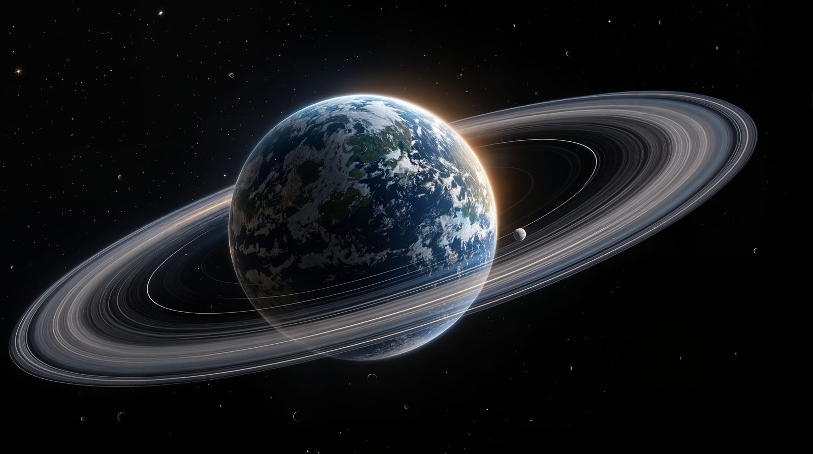 Distant Planet Earth in Shadow with Rings and Tiny Moon