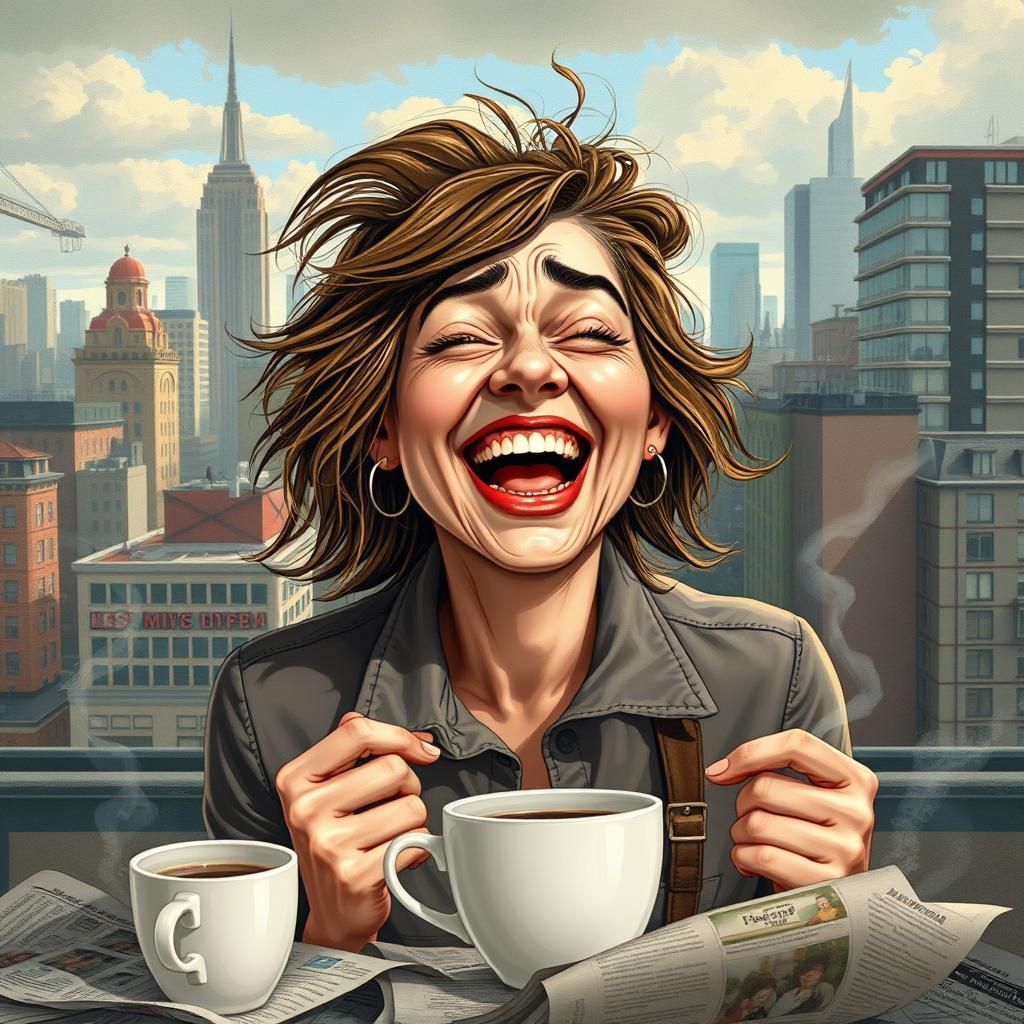 Laughing Woman's Chaotic Morning Cityscape, Digital Art