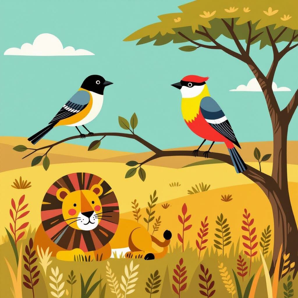 Birds on Branch with Lion Below, Geometric Style