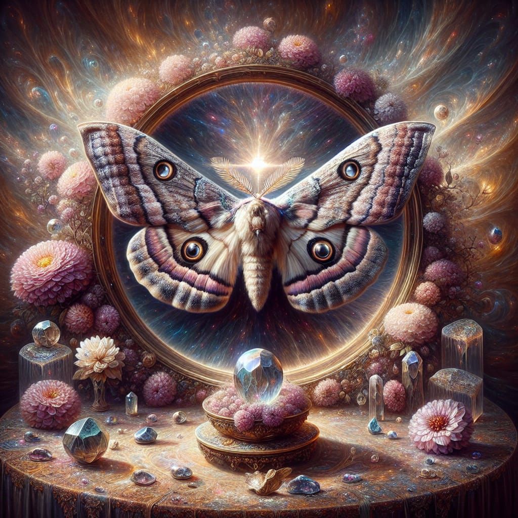Create a surreal macrorealism image, the centerpiece of which is a velvet-textured moth butterfly. This creature should ...