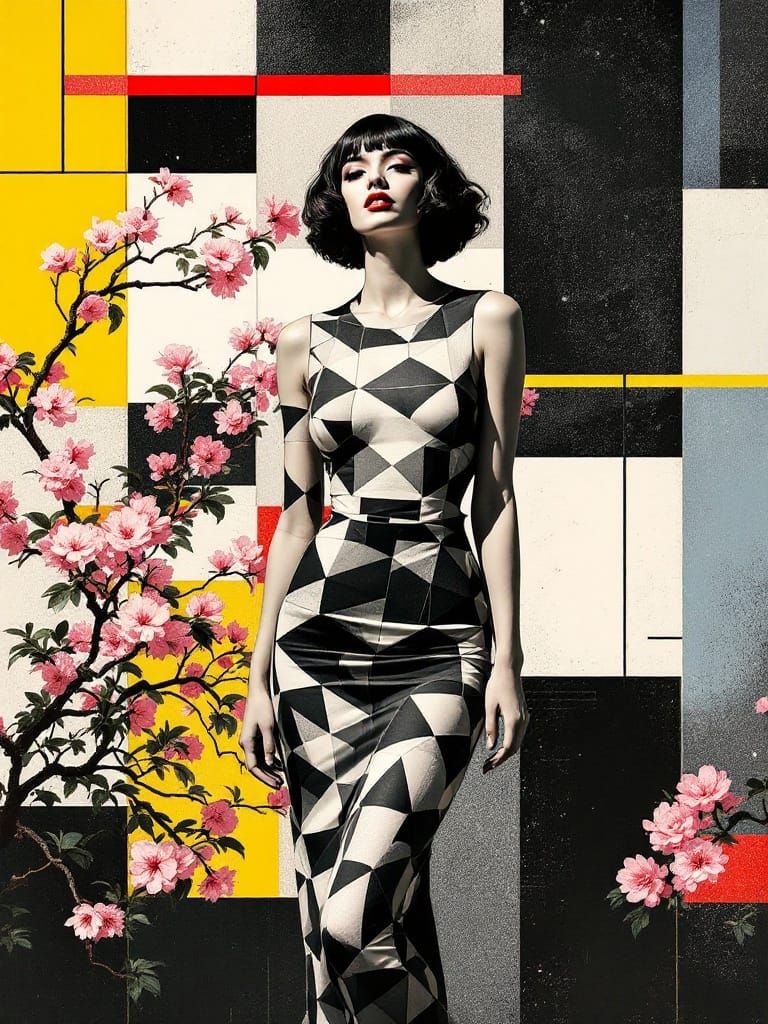 Futuristic Pin-Up Fusion with Cherry Blossoms