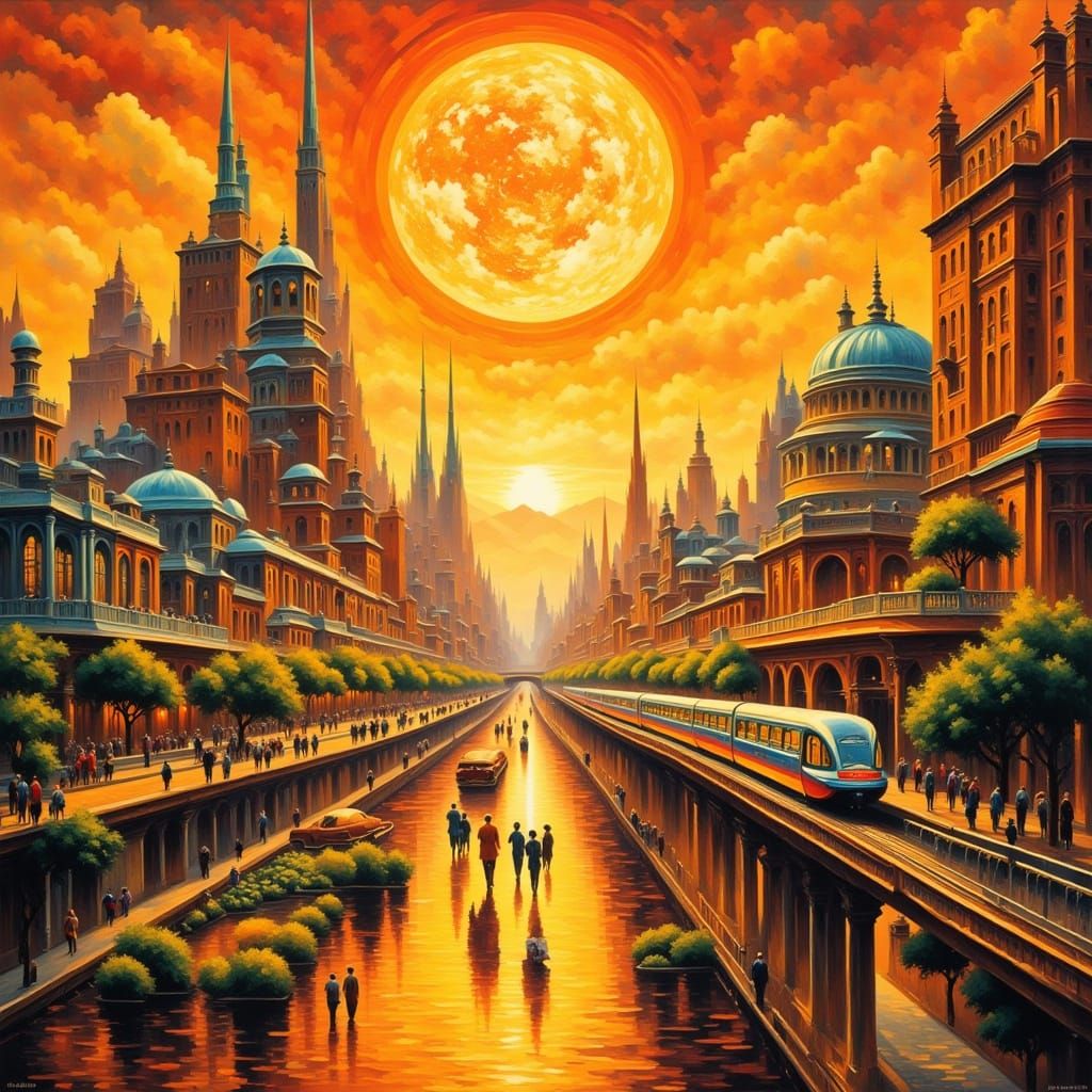 Utopian Cityscape at Sunset with Retro Spacewear