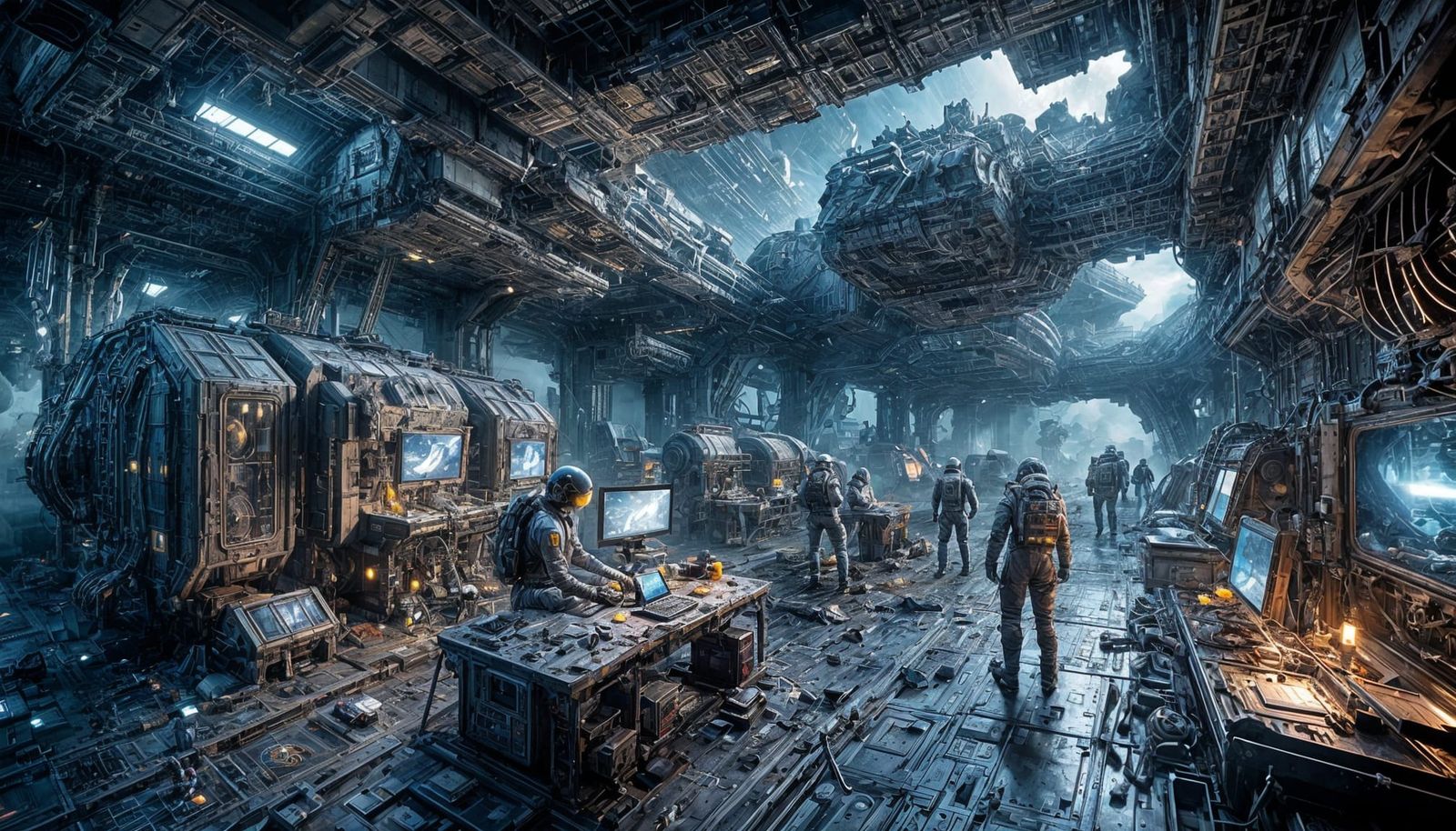 Busy Intergalactic Space Station with Astronauts and Robots