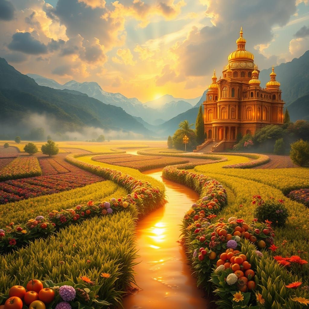 Golden Honey River and Heavenly Mansions in Vibrant, Dreamli...