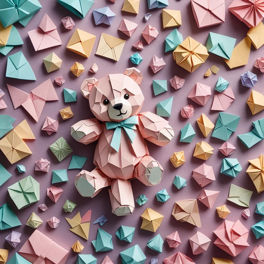 Cute Origami Teddy Bear Miniature in Stationery Setting