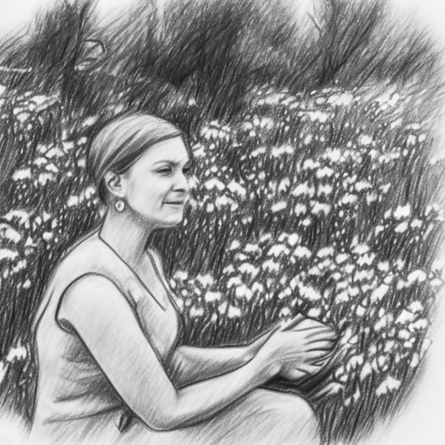 Pencil Sketch: Lady and Baby in Flower Garden
