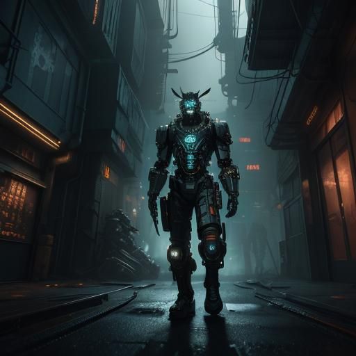 Cyberpunk Cyborg Dog in Steampunk Industrial Scene