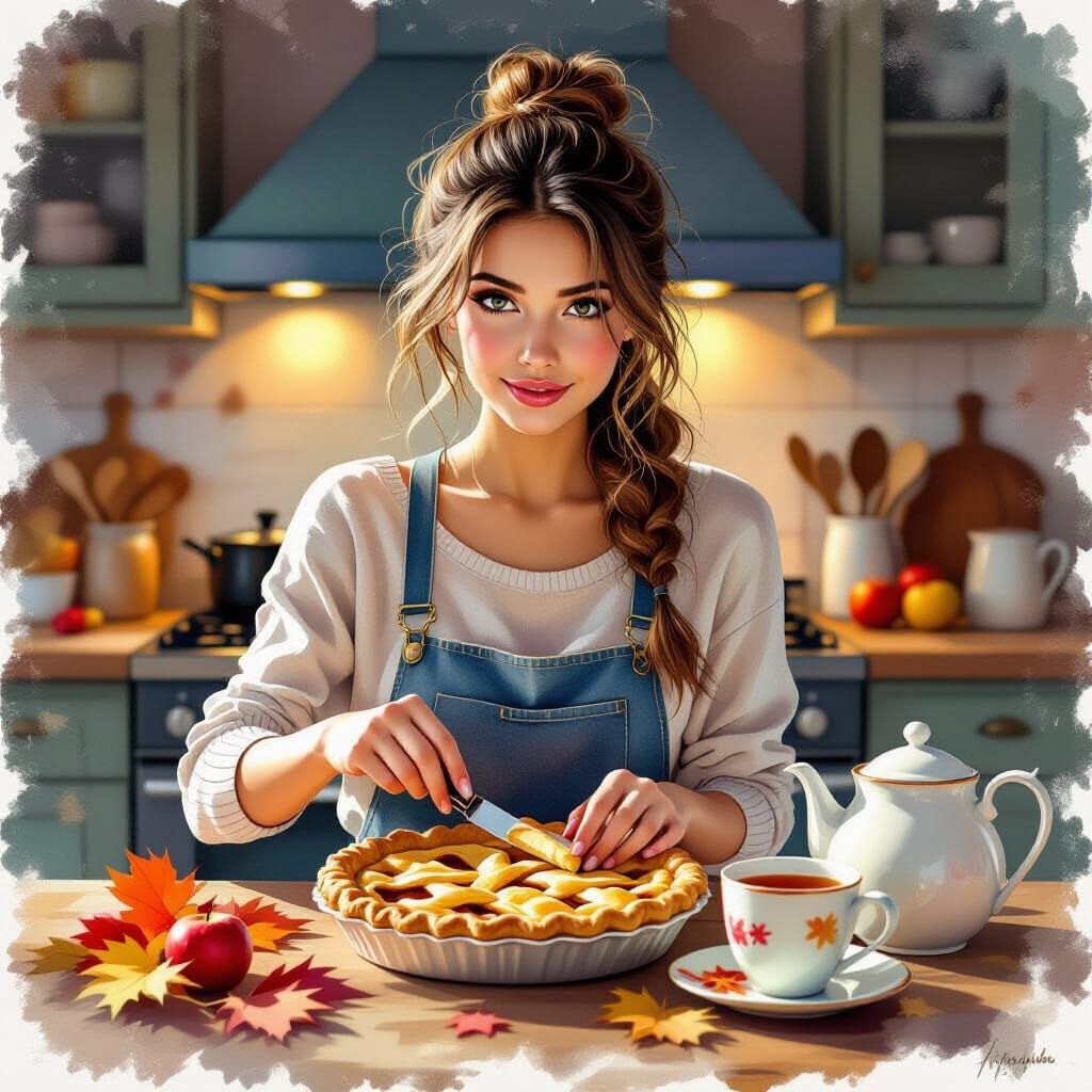 Young Woman Cuts Apple Pie in Cozy Autumn Kitchen