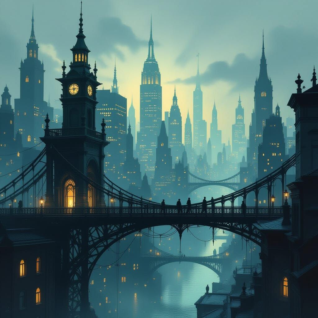 Spiderweb Cityscape Illuminated with Bioluminescent Glow