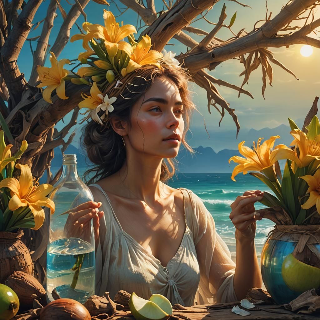 Fantasy Art: Woman with Flowers and Driftwood