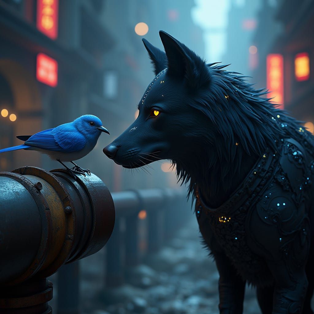Gothic Wolf and Blue Bird in Love Amidst Dystopian Metropoli...