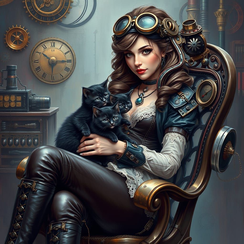 Steampunk Lady with Intricate Gadgets and Cuddling Kittens